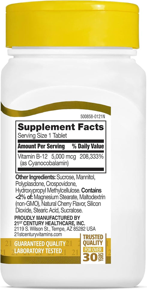 21st Century B-12 5000 mcg, 110 Cherry flavored Sublingual Tablets, 110 Count...