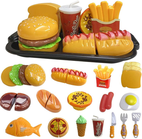Play Food Toy Set for Kids Kitchen, Pretend Removable Fast Food Playset Cutting Toy with Hamburger ? French Fries Combo, Role Play Educational Kit...
