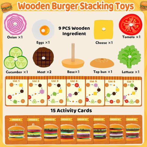 Montessori Toys for 2, 3, 4, 5, Year Old, Wooden Burger Stacking Toys, Fine Motor Toys for Kids Boys Girls, Ideal Preschool Educational and Learni...