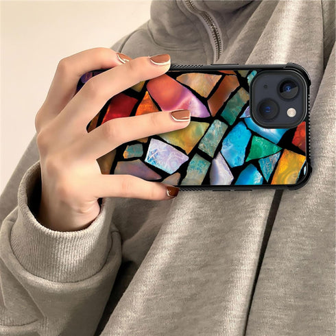ZHEGAILIAN Case Compatible with iPhone 15 Case,stained glass mosaic fiesta fun Cases, Tempered Glass Back+Soft Silicone TPU Shock Protective Case ...