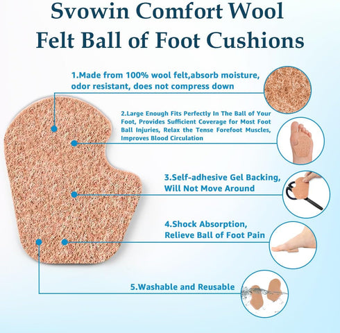 Wool Felt Ball of Foot Cushion Shoe Insoles for Metatarsalgia Mortons Neuroma, Self-Adhesive Gel Metatarsal Foot Pads Insert for Sesamoid Pain Rel...