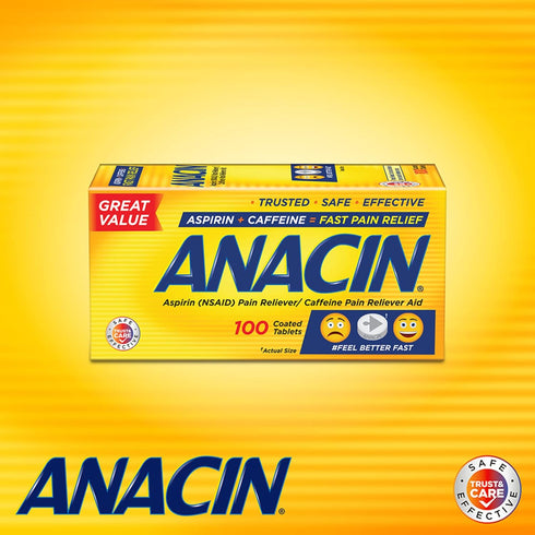 Anacin Fast Pain Relief, Aspirin + Caffeine Pain Reliever, 100 coated tablets...