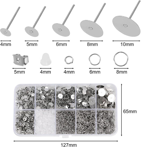 1650Pcs Earring Posts and Backs Jump Rings Kit Hypoallergenic Earring Studs Butterfly Earring Backs and Rubber Earring Backs Earrings DIY for Jewe...
