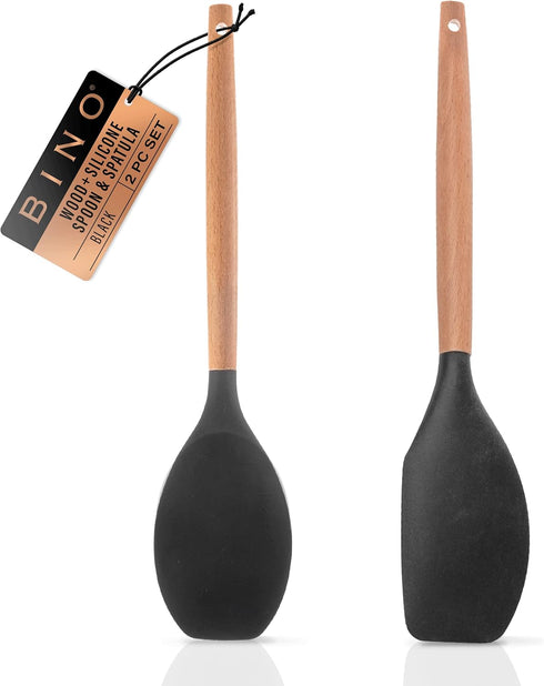 BINO 2-Piece Wooden Handle Silicone Mixing Spoons & Spatulas Set - Black | Heat Resistant Kitchen Utensils for Nonstick Cookware | BPA Free | Cook...