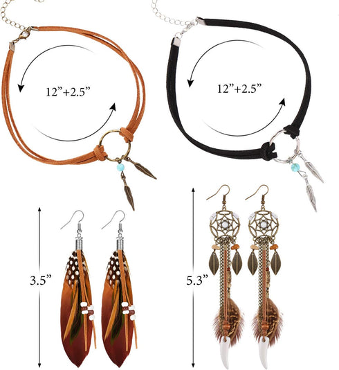 Native American Jewelry Set for Women Girls, 2 Pieces Faux Suede Choker Necklace Faux Leather Choker and 2 Pairs Bohemian Artificial Feather Earri...
