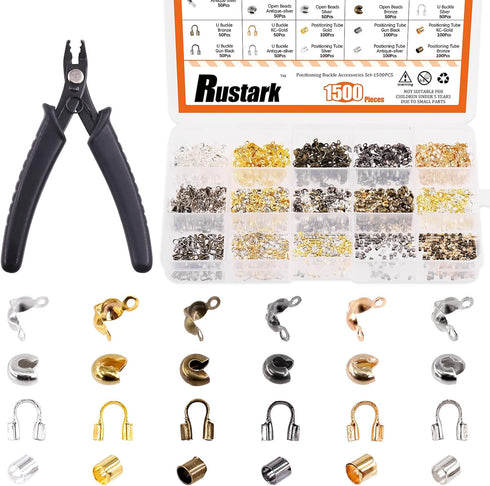 1501Pcs Crimp Beads Covers with Bead Crimping Pliers Tool Assortment Kit Brass Crimp Beads Tips Knot Covers Wire Guardians Fold Over Clamshell Cri...