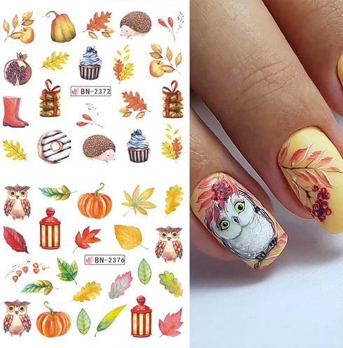 Fall Nail Art Sticker Water Decals Transfer Nail Supplies with 3D Gold Maple Leaf Squirrel Fox Falling Leaf Designs for Women Thanksgiving Day Dec...