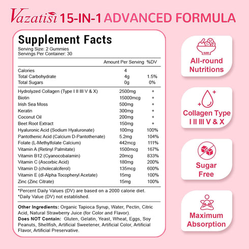 Sugar Free Collagen Gummies for Women Men, 2500mg Collagen with Biotin Sea Moss Vitamin C Zinc for Hair Skin Nails Muscle & Joint, Immunity - 60 S...