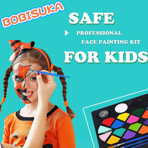 BOBISUKA Face Painting Kit for Kids - 16 Colors Water Based Body Face Paint Includes Brushes,Sponges,Glitters,Gem Sheet,Instructions,Stencils for ...