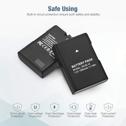 EN-EL14 EN EL14A Battery 2-Pack 1500mAh Li-ion Batteries Compatible with Nikon D3100 D3200 D3300 D3400 D3500 D5100 D5200 D5300 D5500 D5600 DF Cool...