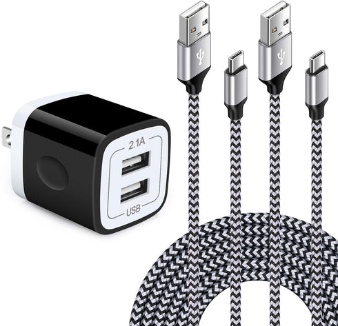 USB Wall Charger Block 2.1A Dual Port Samsung Charger Plug with 2Pack 6ft Nylon Braided Type C Cable for Samsung Galaxy S24 S23 FE S22 S21 S20 S10...