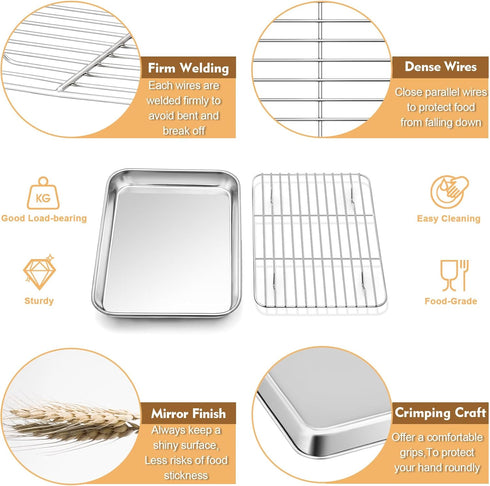 Mini Toaster Oven Pan with Rack & Mat Set, P&P CHEF 9 Inch Stainless Steel Small Toaster Oven Tray with Wire Rack & Silicone Mat for Small Oven & ...