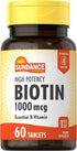 Sundance High Potency Biotin 1,000 mcg | 60 Tablets | Essential B Vitamin | Vegetarian, Non-GMO, and Gluten Free Supplement...