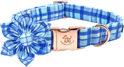 Elegant little tail Dog Collar with Flower - Blue Plaid Dog Collar Cute Flower Collar Adjustable Dog Collar for Large Dog...