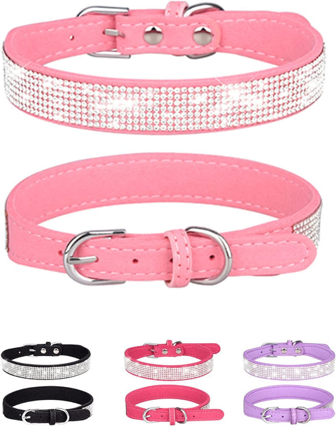 Dog Collar for Small Dogs, Adjustable Leather Suede Bling Dog Collars?Pink Dog Collar Cat Collar, Rhinestone Dog Collar(S, Pink)...