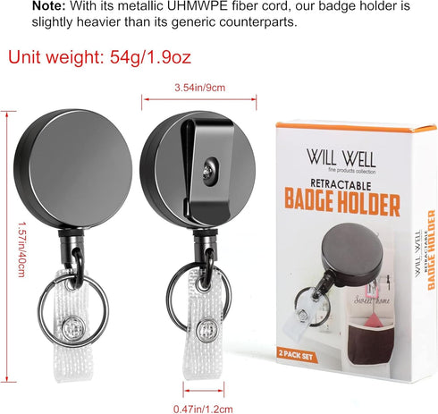 2 Pack Heavy Duty Retractable Badge Holder Reel, Will Well Metal ID Badge Holder with Belt Clip Key Ring for Name Card Keychain [All Metal Casing,...