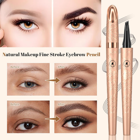 2Pcs Magic Eyebrow Pencil, 3D Waterproof Microblading Eyebrow Pen 4 Fork Tip Tattoo Pencil, Natural Makeup Fine Stroke Eyebrow Pencil Dark Brown B...