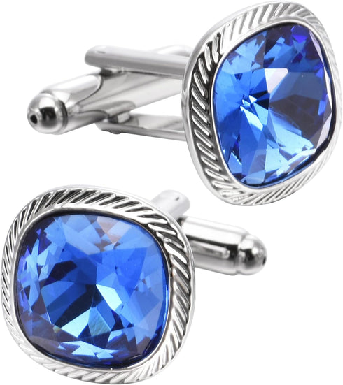 Blue Zircon Gemstone Cufflinks for Men Lady In Gift Case Silver/Golden Square Men's Cufflinks Jewelry Set for Wedding Anniversary Business Party E...
