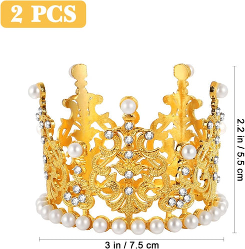 Amosfun 2pcs Mini Crown Cake Topper Pearl Rhinestone Queen Princess Tiara Crown for Birthday Wedding Party Cake Decorations Supplies (Golden)...