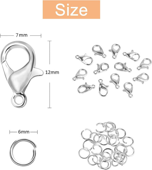 400PCS Lobster Claw Clasps with Open Jump Rings Kit, Bracelet Necklace Silver Fasteners Hooks for DIY Craft Jewelry Making, 12mmX7mm...