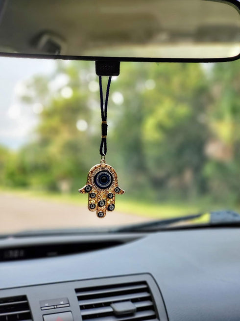 Hamsa Hand Amulet Pendant w/Crystal Rhinestones Blue, White & Black Evil Eye Car Hanging Ornament Rear View Mirror Accessories - Door, Wall, Bag C...