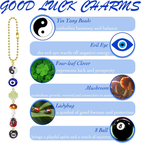 Evil Eye Car Hanging Ornament,Good Lucky Days Car Charm,8 Ball Mushroom Four-Leaf Clover Pendant for Car Rear View Mirror,Cute Boho Evil Eye Ladyb...