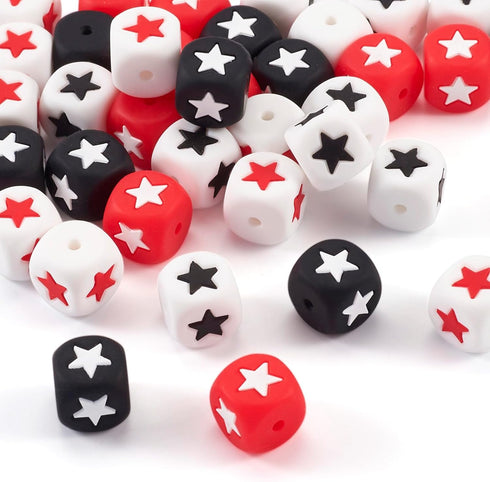 40Pcs Silicone Star Beads Cube Focal Beads 12mm Square Shaped Beads Red Black Pen Beads for Crafts DIY Beadable Pens Keychain Bracelet Jewelry Mak...