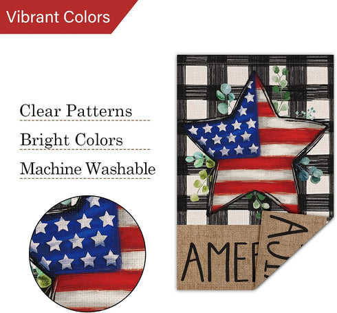 Louise Maelys 4th of July Garden Flag 12x18 Double Sided, Small Burlap Welcome Patriotic Strip Stars Garden Yard House Flags Buffalo Check Plaid f...