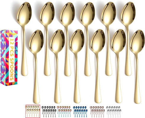 Gold Soup Spoons, Set of 12 pcs Dinner Spoon Silverware, 6.8 inch Stainless Steel Flatware, Home Kitchen Utensil Cutlery, Mirror Polished Tablewar...