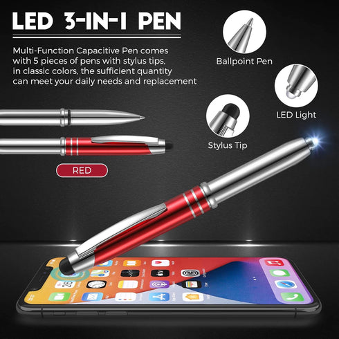5 Pieces Stylus Pen for Touchscreen Devices Multi-Function Capacitive Pen with LED Flashlight Writing Pens with Ballpoint 3 in 1 Metallic Pens wit...