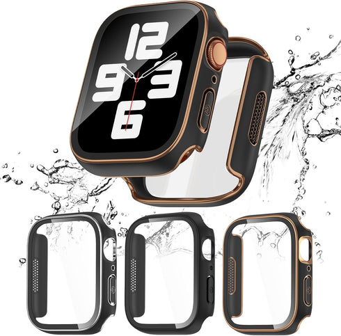 3 Pack Waterproof Case for Apple Watch Series 9 8 7 45mm with Tempered Glass Screen Protector, Hard PC Bumper Protective Face Cover for iWatch 45 ...