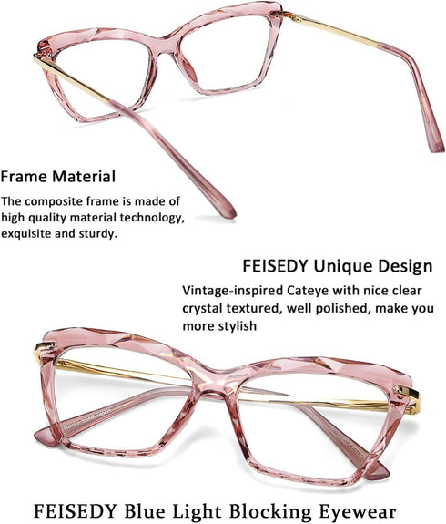 FEISEDY Crystal Cat Eye Glasses Frame Blue Light Blocking Computer Eyewear B2500...