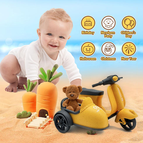 Kids Ride-On Motorcycle with Side Car - Eco-Friendly Straw Material, Push and Pull Toy for 1-3 Year Olds, Mini Cute Motorcycle Toys for Kids 3-5...