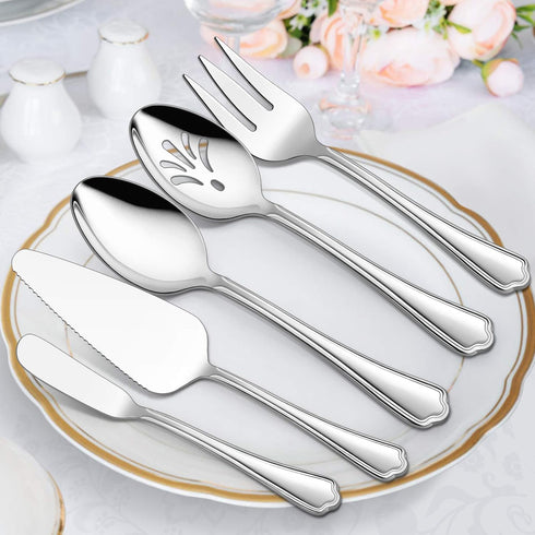 5-Piece Serving Utensils, E-far Stainless Steel Scalloped Edge Hostess Serving Set for Buffet Party Kitchen Restaurant, Mirror Finished & Dishwash...