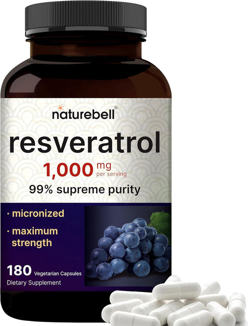 NatureBell Resveratrol Supplement 1000mg Per Serving, 180 Veggie Capsules, 99% Pure Trans-Resveratrol, Antioxidant for Healthy Aging, Brain & Hear...