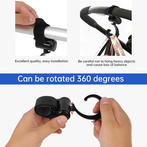 4 Pcs Walker Hook Hanging 360° Rotation Stroller Hooks for Hanging Diaper Bag Hanger Stroller Hooks for Walker Rollator Wheelchair Shopping Cart...
