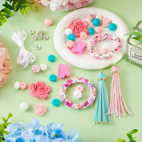 Elecrelive Silicone Beadable Rings Making Kits 65mm Round Silicone Bead Loop with 2 Hole & Flower Silicone Focal Beads Tassels for Key Chain Car P...