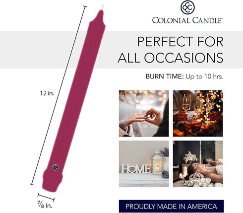 Colonial Candle Unscented Taper Candle, Classic Collection, Mulberry, 12 in, Pack of 12 - Up to 10 Hours Burn...