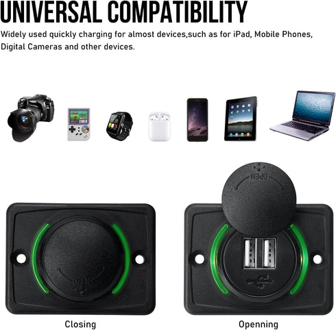 12V RV USB Charger, Quick Charger 3.0 Wall Mount USB Charging Station with Green Indicator Light and Cap for Car Camper Boat Marine SUV ATV (Black...