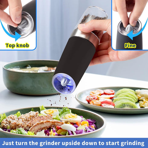 Gravity Electric Pepper and Salt Grinder Set, Battery Operated Pepper Mill with Blue LED Light, One Hand Operation, Flip to Grind, Adjustable Coar...