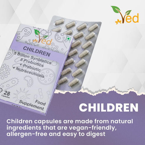 Ved Children Complex Probiotics and Prebiotics Complex - 5 Billion CFU - 20 Live Bacterial Cultures - 28 Probiotic Complex Capsules for Children -...