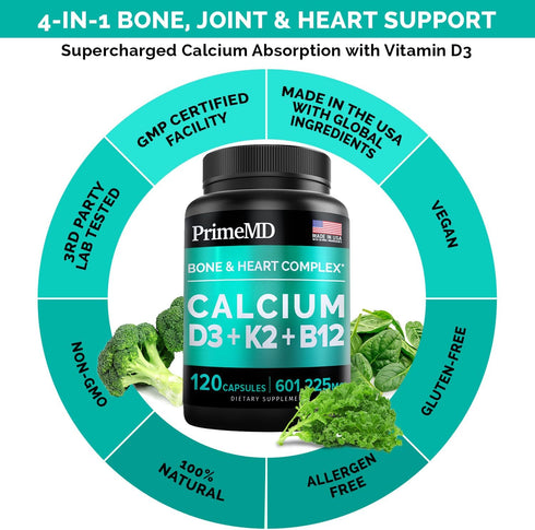 PrimeMD 4-in-1 Calcium Supplements for Women & Men - Calcium 600mg with Vitamin D3 K2 B12 5000 IU Supplement for Heart, Bone & Body Defenses - Glu...