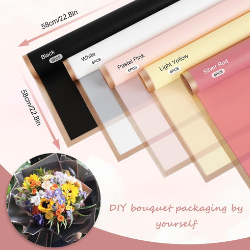 Whaline 30 Sheets Floral Wrapping Paper with Rose Gold Edge 5 Colors Flower Bouquet Wrap Paper Double Sided Florist Packaging Paper for Wedding Bi...