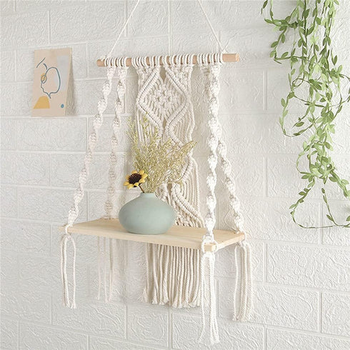 Macrame Wall Hanging Plant Decor Shelf Indoor Outdoor Floating Wood shelve Decorative Hand Made Rope Boho Shelving for Plants...