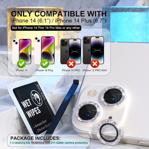 Choiche [2+1 for iPhone 14/iPhone 14 Plus Camera Lens Protector Bling, 9H Tempered Glass Camera Cover Screen Protector Metal Ring Decoration Acces...