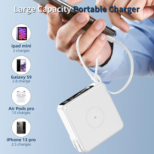 Portable Charger with Built-in Cables&AC Wall Plug, 10000mAh Wireless Charging Power Bank, PD 22.5W Fasting Charging USB C Battery Pack Compatible...