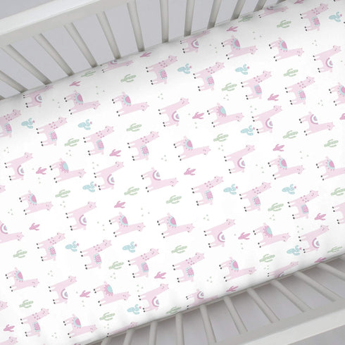 NoJo Super Soft Pink Llama Nursery Mini Crib Fitted Sheet, Pink, White, Green...