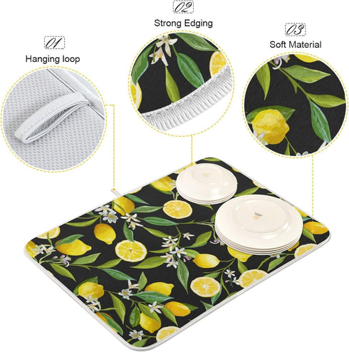 ALAZA Yellow Lemon on Black Dish Drying Mat for Kitchen Counter Absorbent Microfiber Large Drying Pad Dish mats for Kitchen Countertops 18 x 24 In...