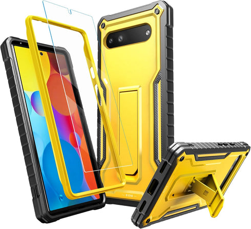 FITO for Google Pixel 6A Case, Dual Layer Shockproof Heavy Duty Case with Tempered Glass Screen Protector Built-in Kickstand (Yellow)...