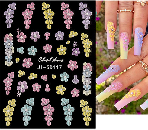 JMEOWIO 3D Embossed Flower Nail Art Stickers Decals Self-Adhesive Pegatinas Uñas 5D Spring Summer Floral Heart Nail Supplies Nail Art Design Decor...